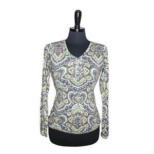 Athleta Long Sleeve Top Snap Henley V Neckline Blue Gray Green XXS